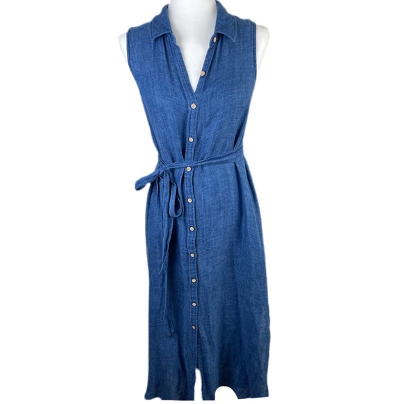 Faherty Pants - Faherty Isha 100% Linen Maxi Collared Split Hem Sundress Dress Women’s Small